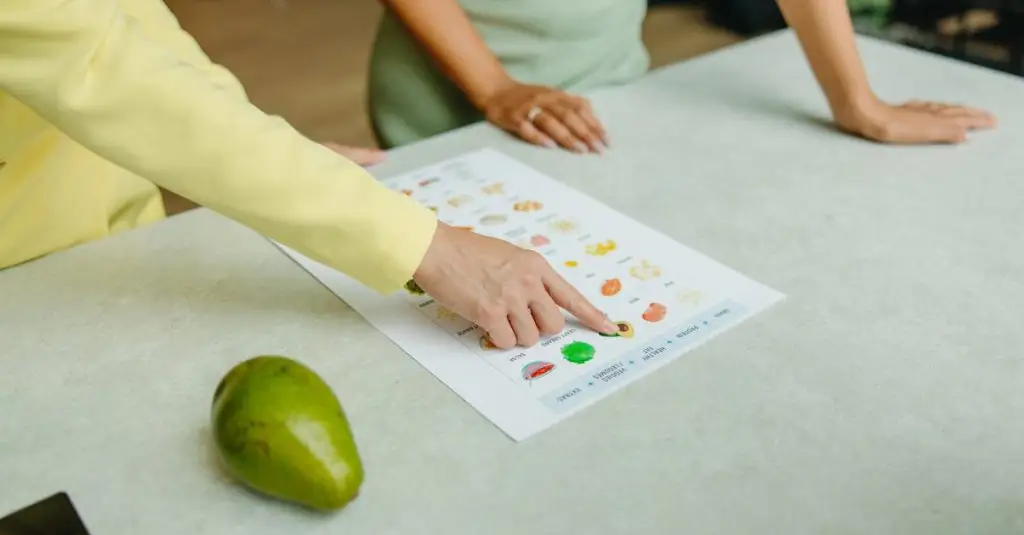 Two adults discussing food options with a chart, highlighting healthy nutrition indoors.